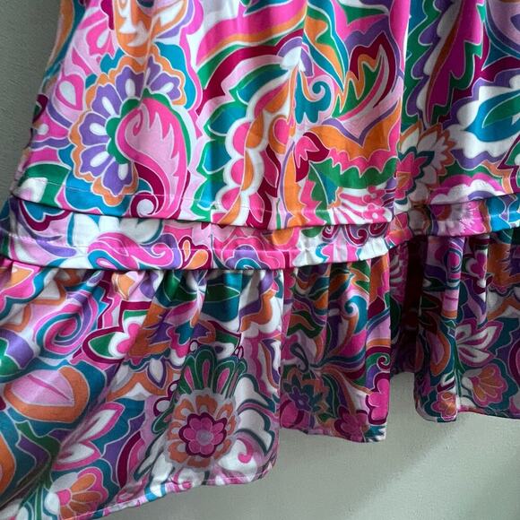 Nicole Miller Dress Womens L Pink Multi Satin Floral Abstract Pocket Ruffle Mini - Picture 7 of 10